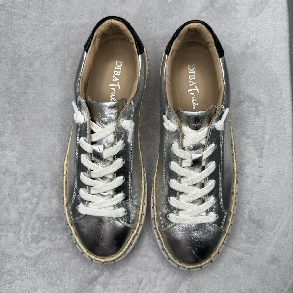 Diba True Women's 8 M Metallic Silver Leather Platform Sneakers Espadrille